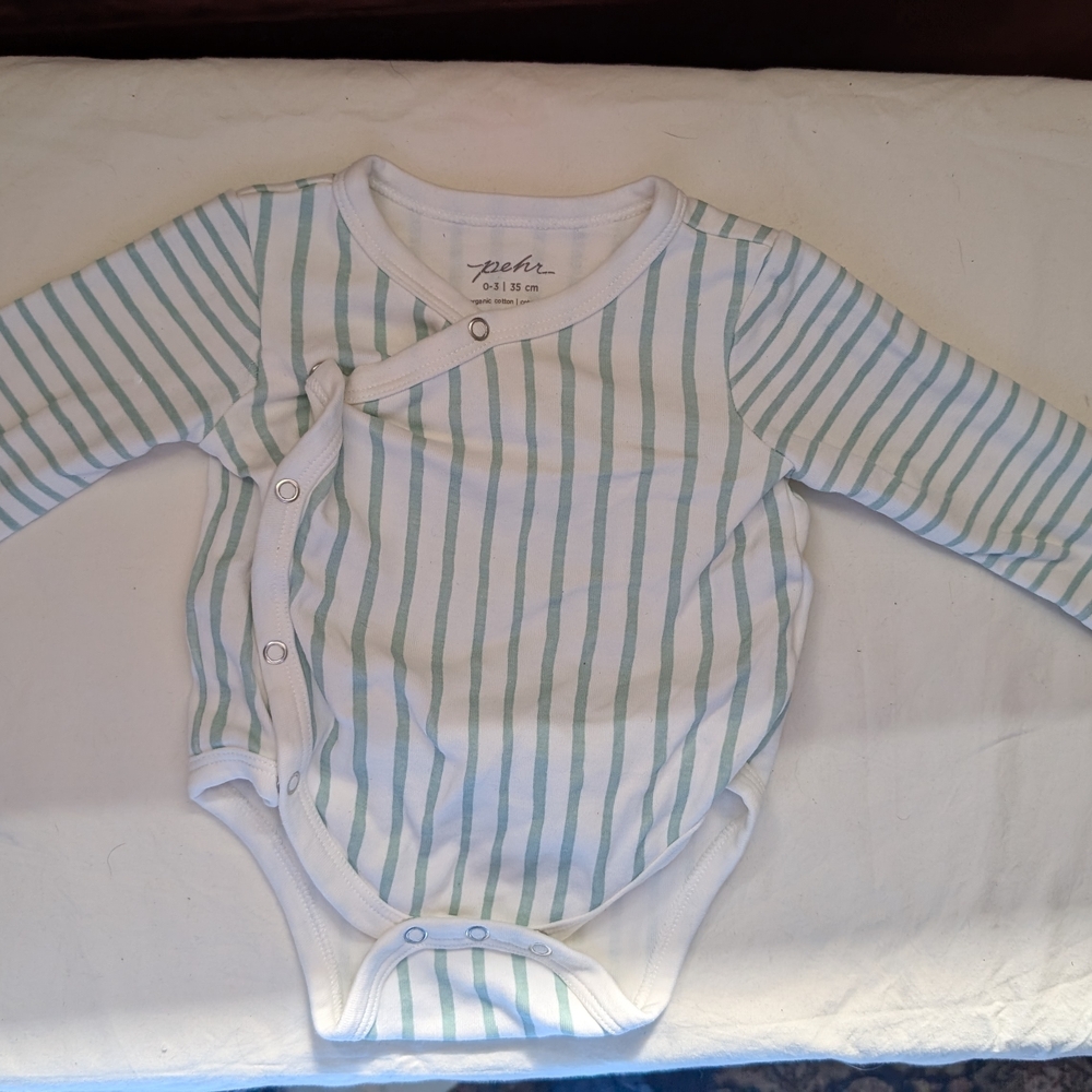 Pehr Striped Long-Sleeve Baby Bodysuit in White and Light Green 0-3 Months